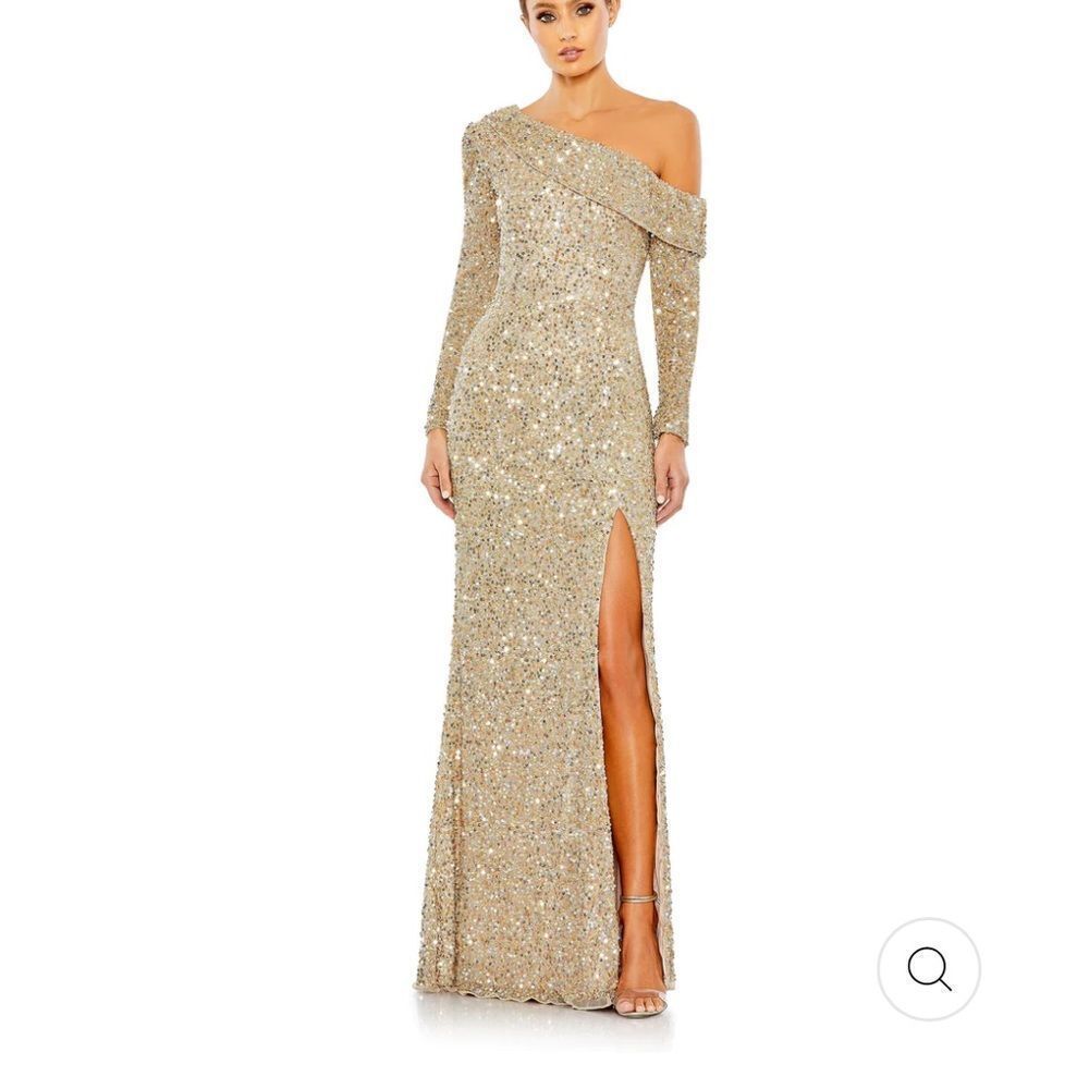 Mac Duggal Gold Sequin One-Shoulder Maxi Dress